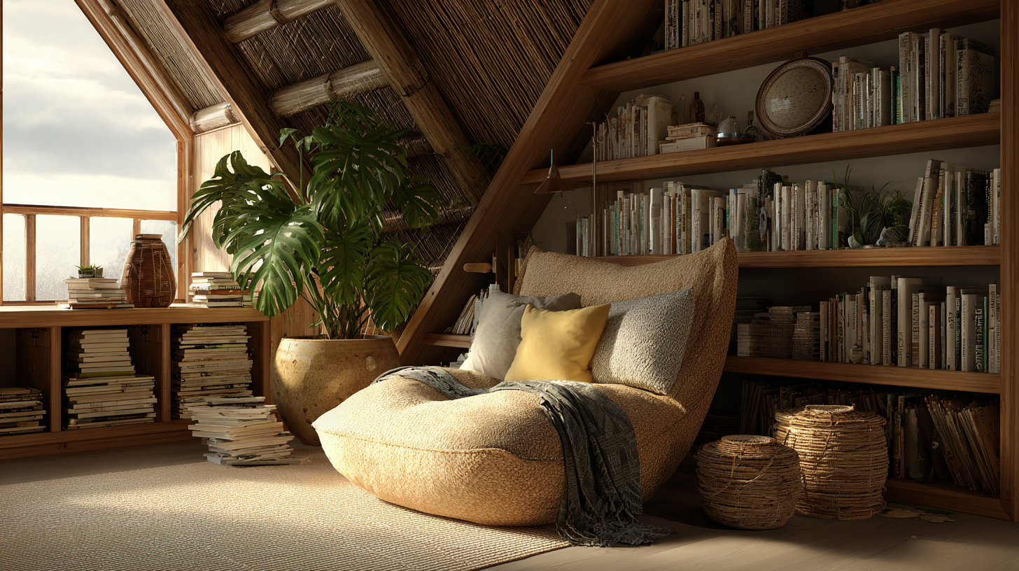Minimalistisches Wohnzimmer mit RiceRelax Lounge Chair aus Reishülsen-Composite, sanftes Abendlicht